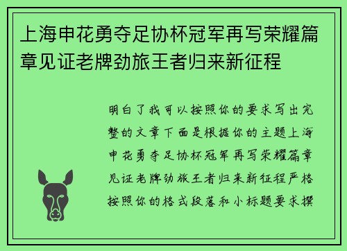 上海申花勇夺足协杯冠军再写荣耀篇章见证老牌劲旅王者归来新征程